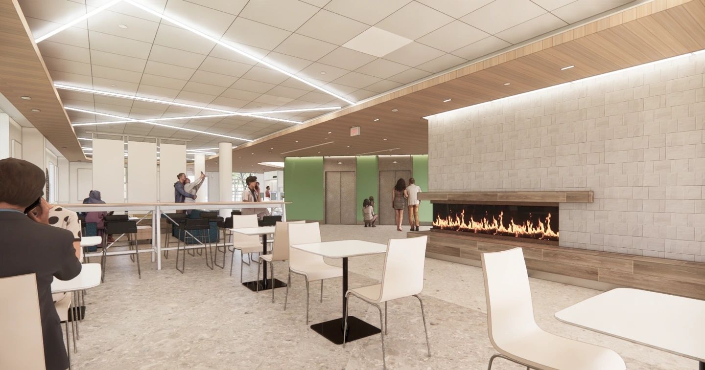 The entrance will have automated and regular check in areas; artwork sourced from local artists; a communal space; café; floor to ceiling windows; and LED fireplaces (photo courtesy)