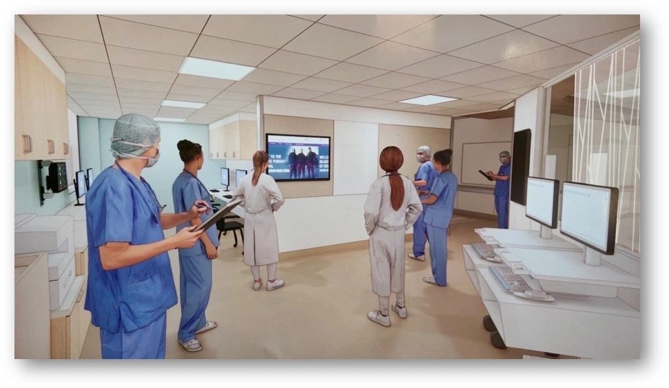 Nurses will be able to chart at bedside with in-room computers and specialists can be contacted and brought bedside through AV cameras (photo courtesy)