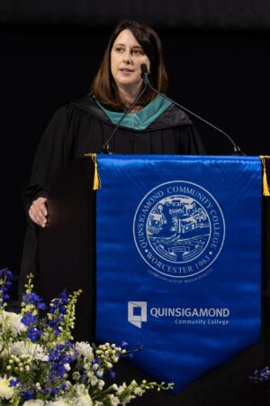Massachusetts State Senator Robyn Kennedy gives the keynote speech at Quinsigamond Community College’s commencement ceremony on Friday