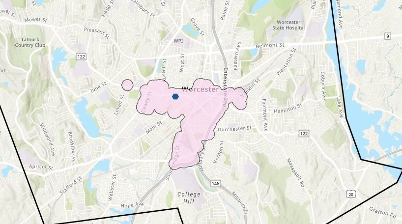 The catchment zone for Chandler Elementary Community School as depicted by the Worcester Regional Research Bureau.