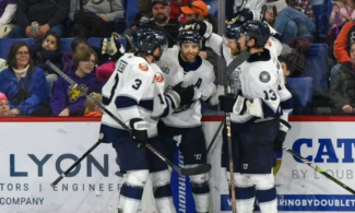 Railers celebrate a victory over the Royals in March (photo via the Worcester Railers)