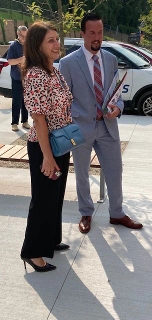 Superintendent Rachel H. Monárrez with Sean W. Brennan of Lamoureux Pagano Associates/Architects outside the new Doherty Memorial High School.