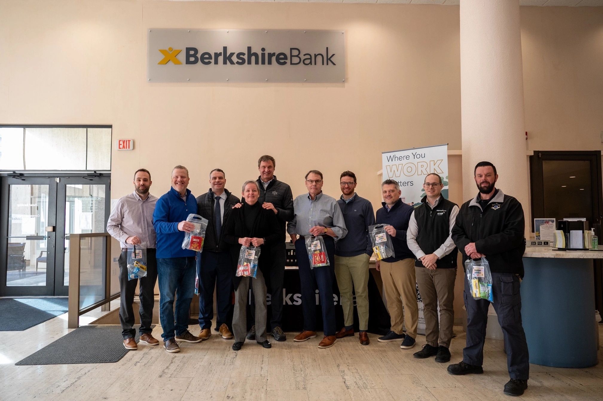  Sheriff Evangelidis delivers bags to the staff of Berkshire Bank on Worcester’s Main Street (photo courtesy)