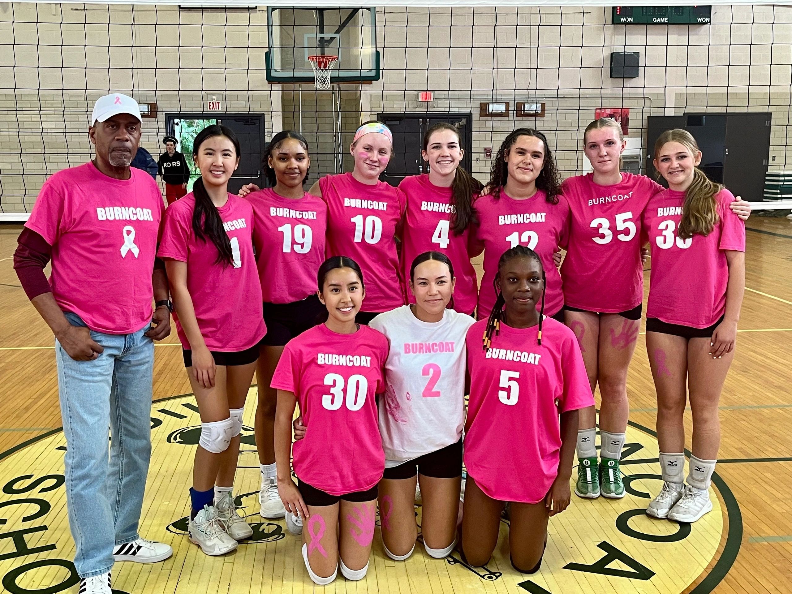 The Burncoat volleyball team wore pink uniforms in recognition of breast cancer awareness for its match against Abby Kelley on Oct. 9 (photo credit: Mike Vigneux)