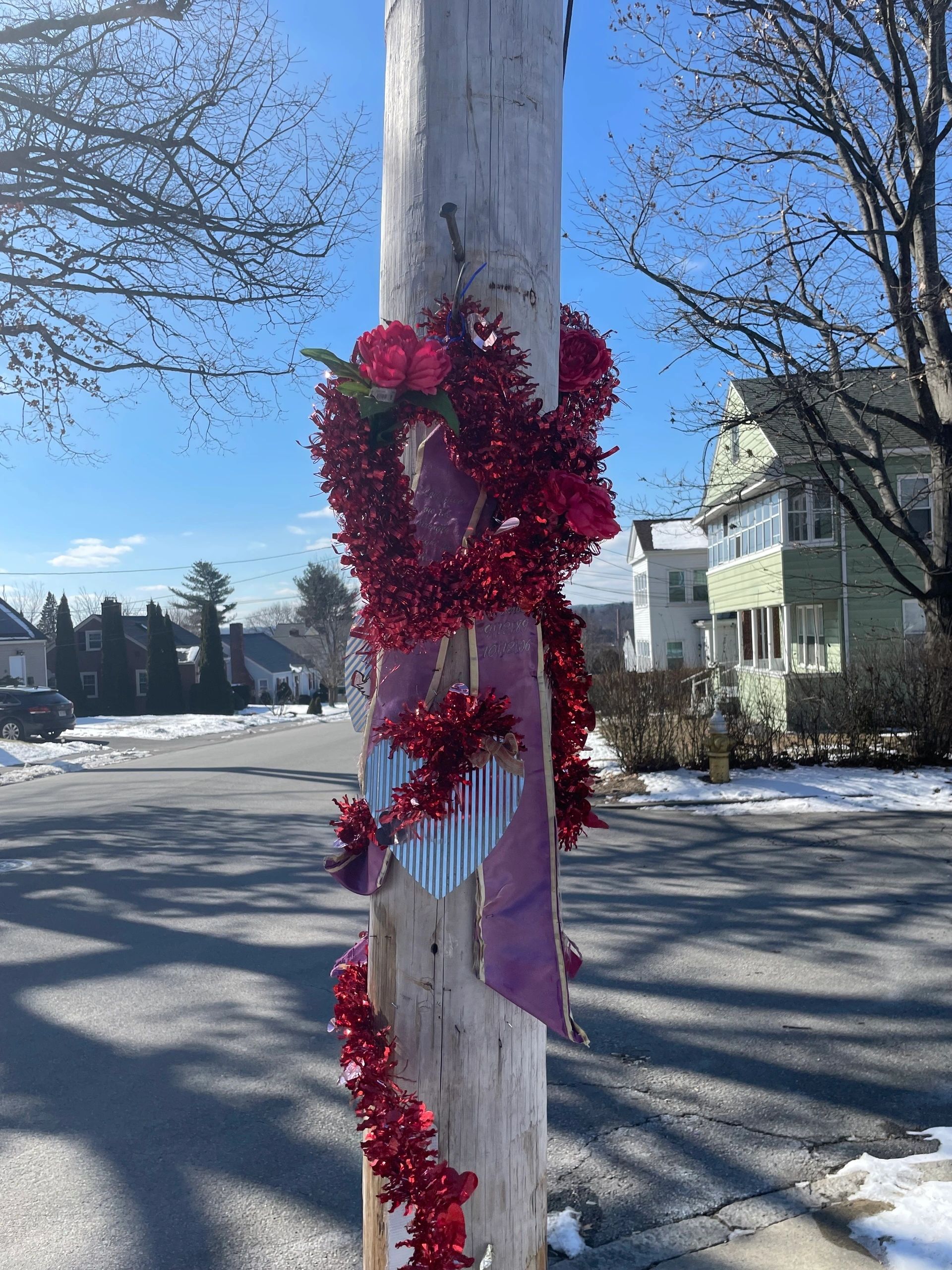 The site of the incident on Fales Street, memorialized for Valentine's Day (photo by Christine Quirk)