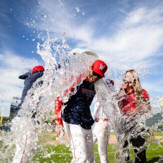 Manager Chad Tracy gets doused with ice water after the last game of the season (photo credit: Worcester Red Sox)