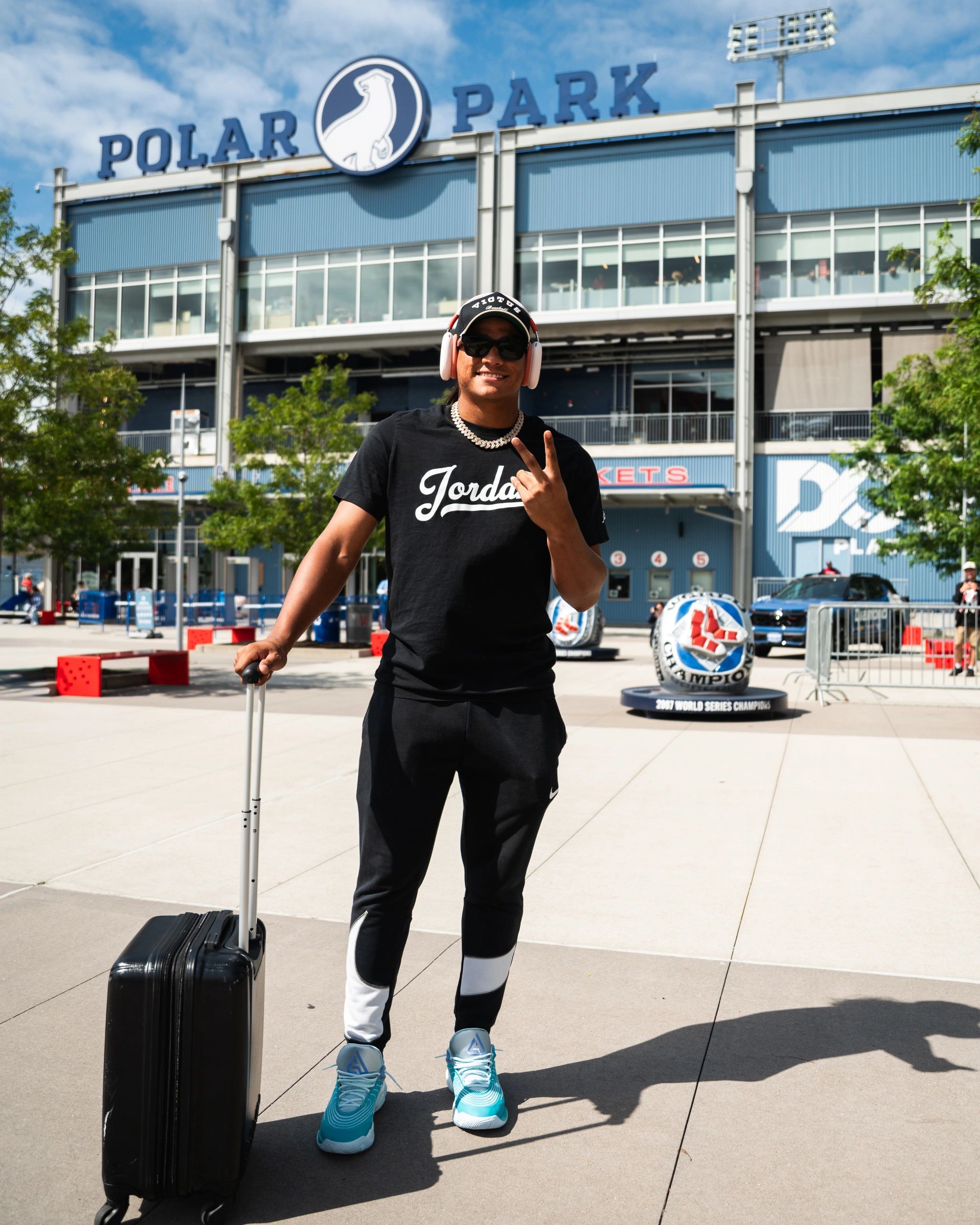 Jhostynxon Garcia waiting for his ride to Boston after being promoted (photo credit: Worcester Red Sox)