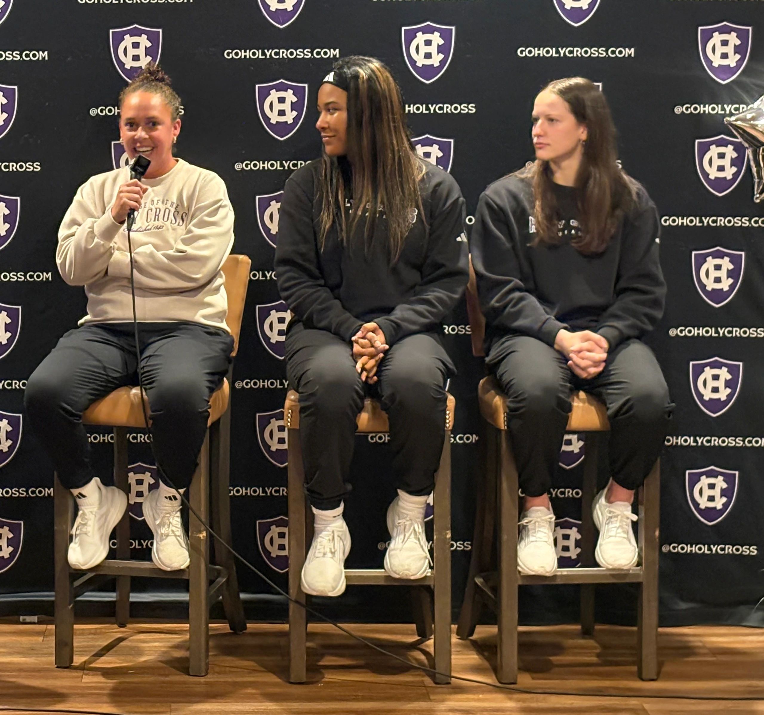L to R: head coach Candice Green, Simone Foreman and Kaitlyn Flanagan of the Holy Cross women’s team (photo courtesy)