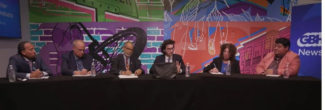 Sam Turken (third from right) moderates the 2023 Worcester mayoral debate. He'll moderate the 2025 debate on Thursday evening