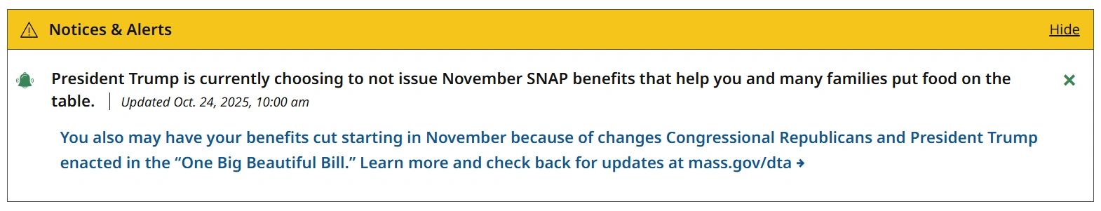 A notice currently appears across the top of the landing page about SNAP benefits on Mass.gov
