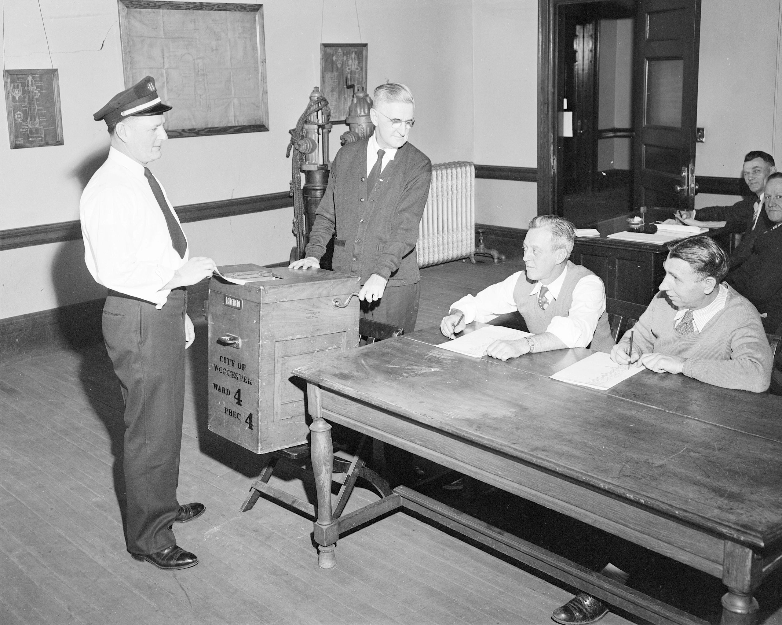 Election workers tally ballots on March 3, 1949 (collection of the Museum of Worcester, George Cocaine, photographer; bequest of his daughter Christina)