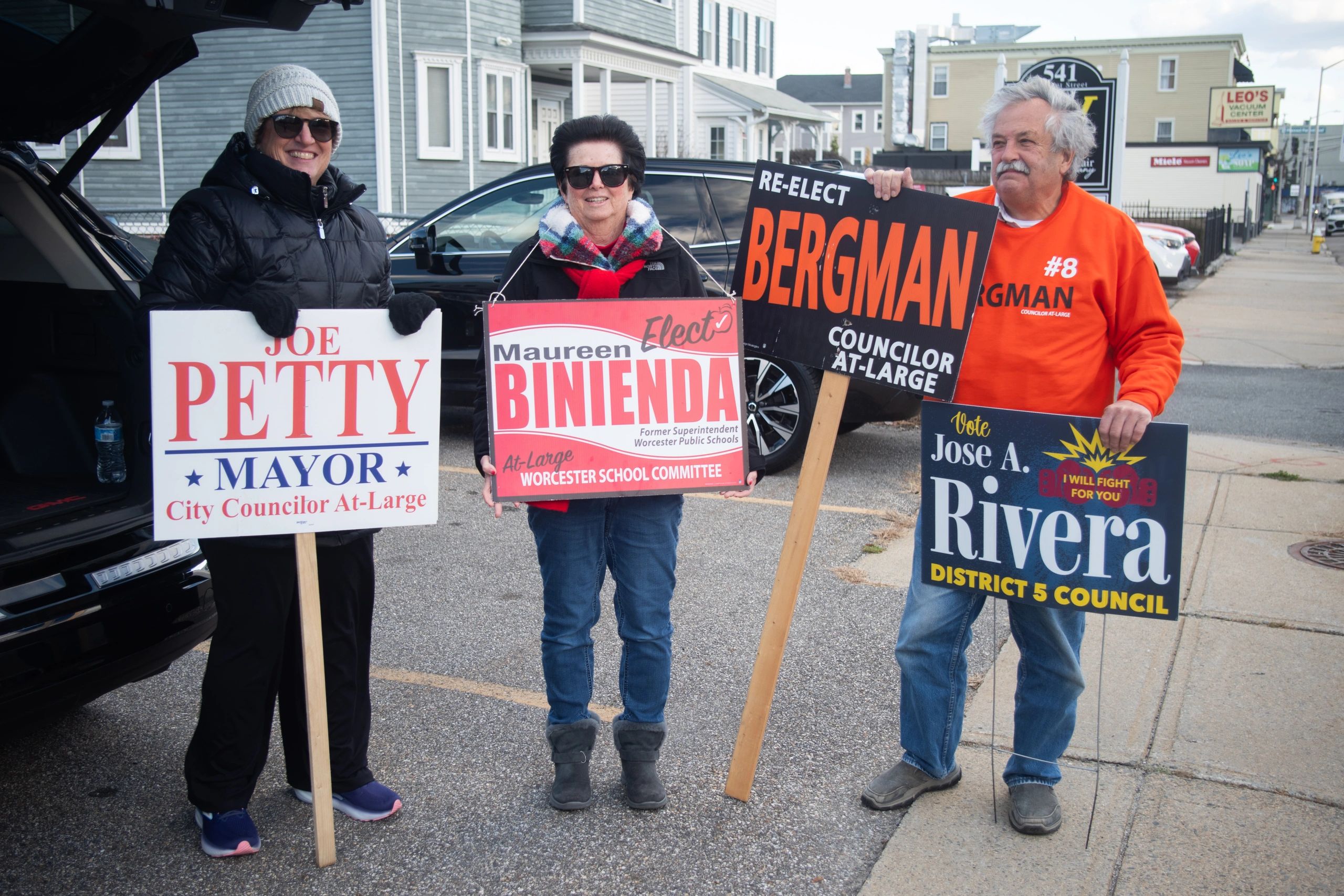 (L-r) Maureen Meersman, school committee candidate Maureen Binienda and Wayne Griffin were holding signs and greeting voters at the polling place at 551 Pleasant St. (photo by Steve Smith)