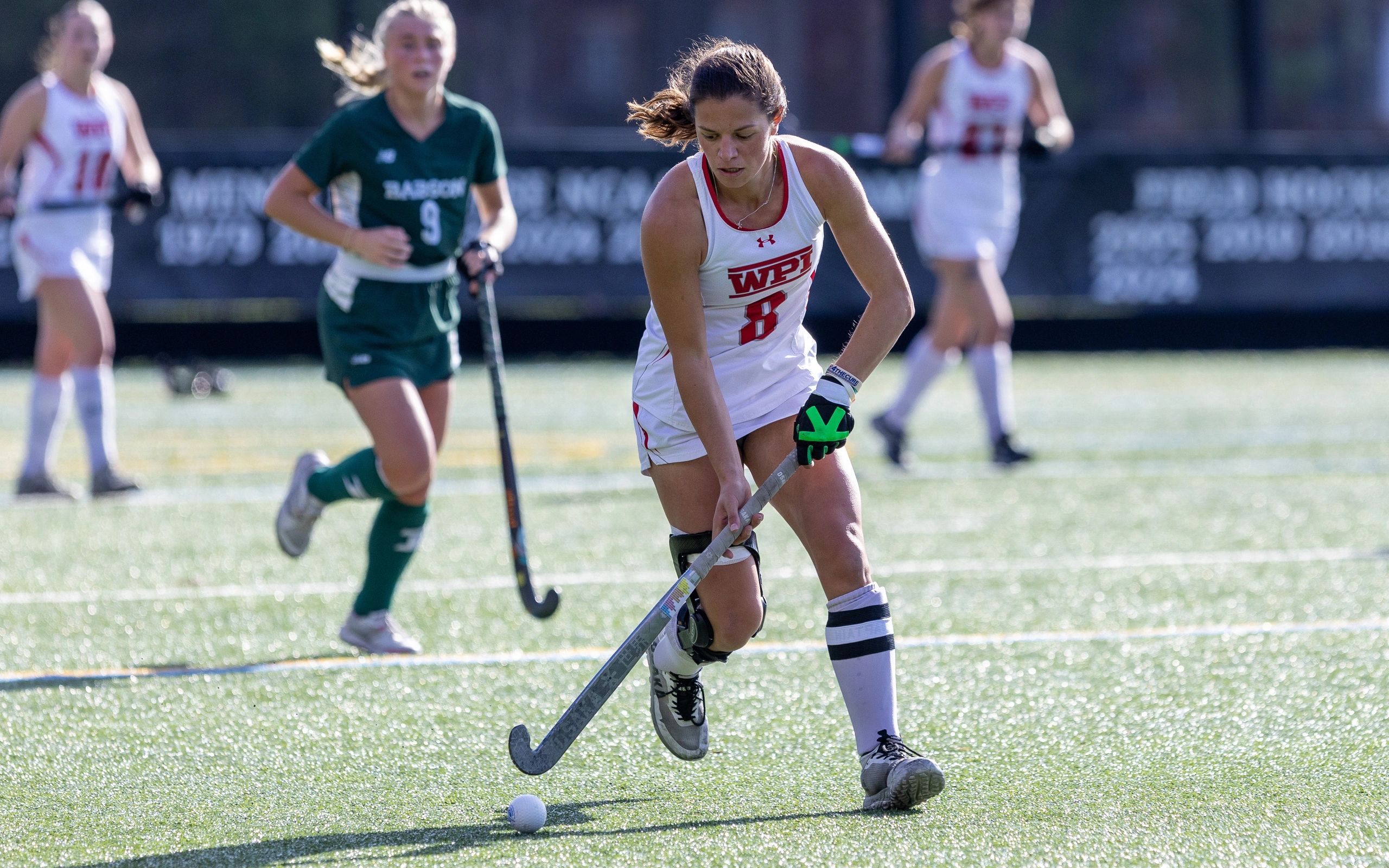 WPI grad student Lauren Meinhold leads the NCAA bound field hockey team with 25 points on 10 goals and five assists (Photo credit: Jon Endow, Babson Athletics) 