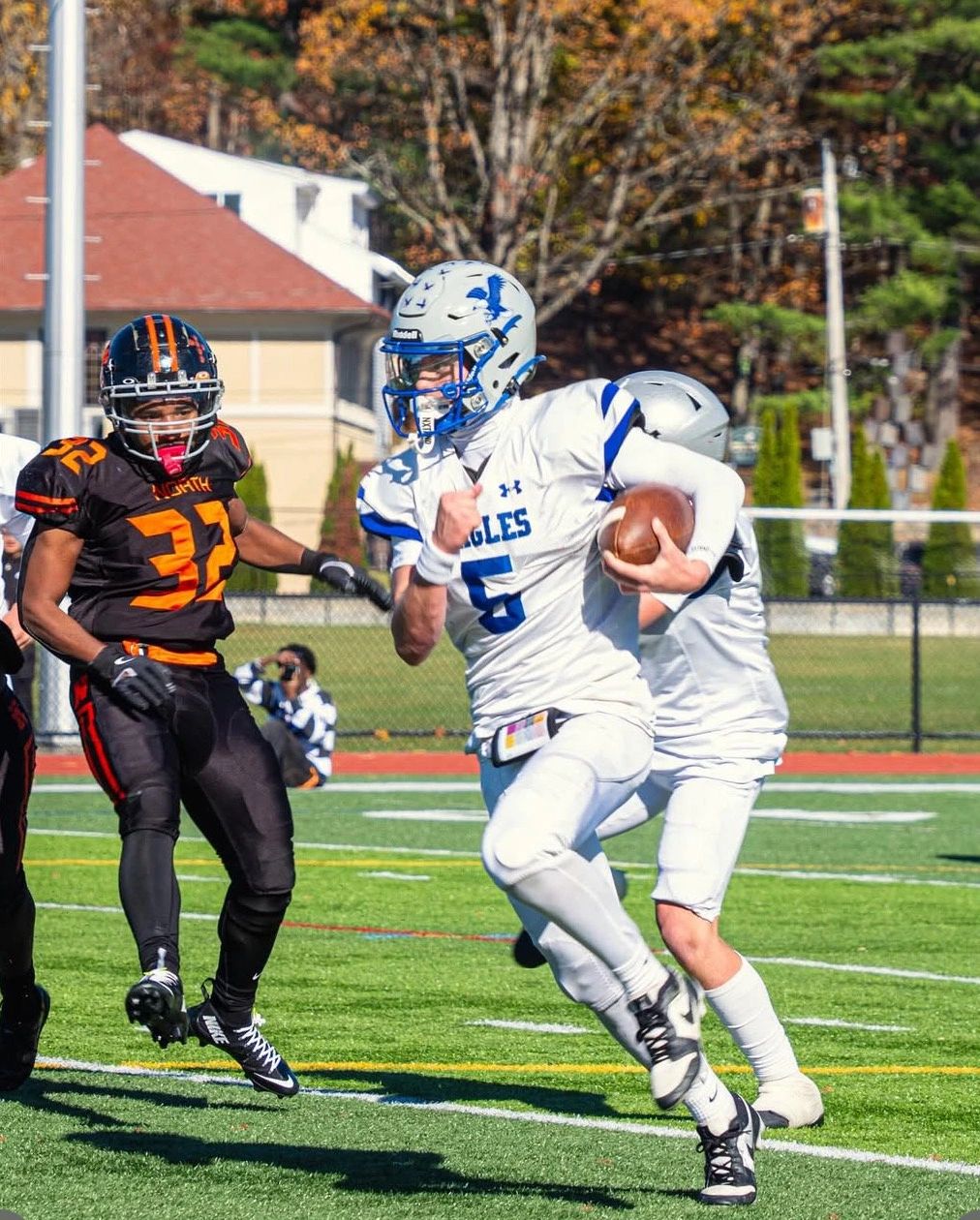 Worcester Tech’s Ryan Gallagher is both a passing and running threat for the Eagles (photo by Chase Rubin @shotbychaserubin) 