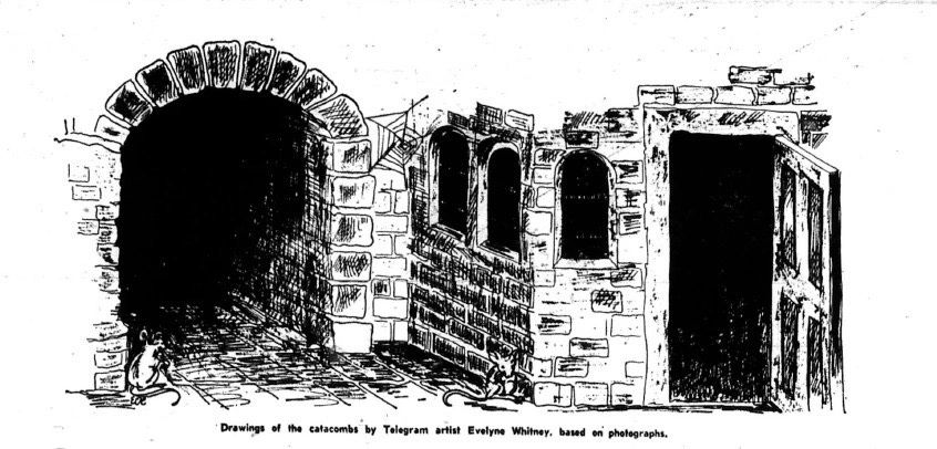 Drawings of the catacombs by Telegram artist Evelyne Whitney, based on photographs (photo courtesy)