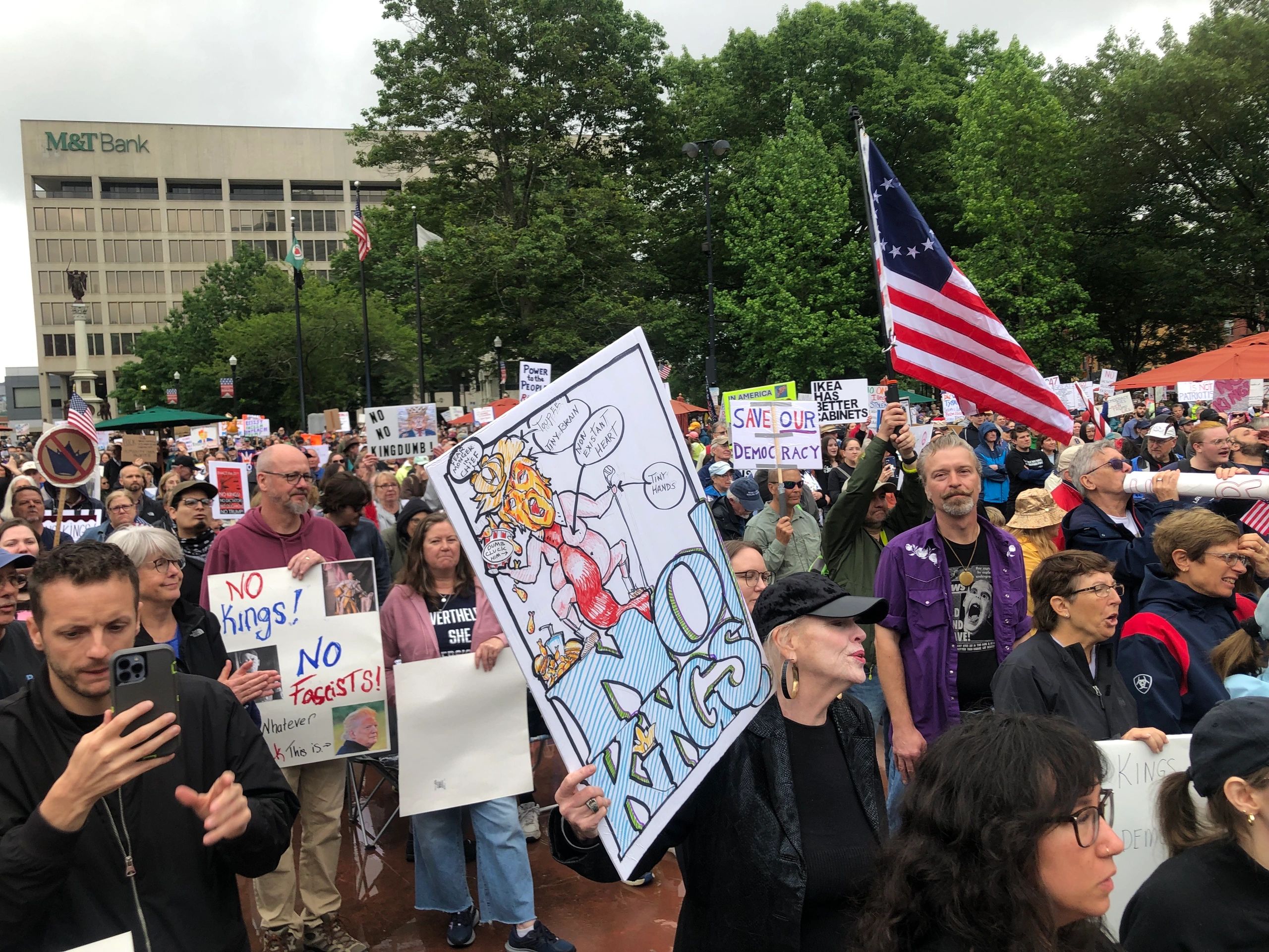 No Kings rally spills off the steps of Worcester City Hall onto the common and beyond (photo by Charlene Arsenault)