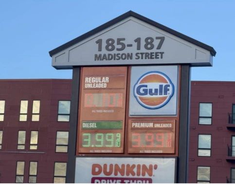 Display shows 10-cents per gallon for regular unleaded gas at the Chop Chop Convenience Gulf Station in Worcester (photo courtesy)