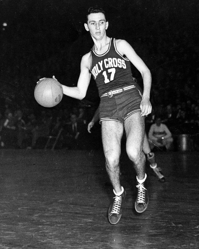 Bob Cousy in his Holy Cross uniform. The College will formally dedicate Bob Cousy ’50 Court during Winter Homecoming on Feb. 7 (photo courtesy of the College of the Holy Cross)