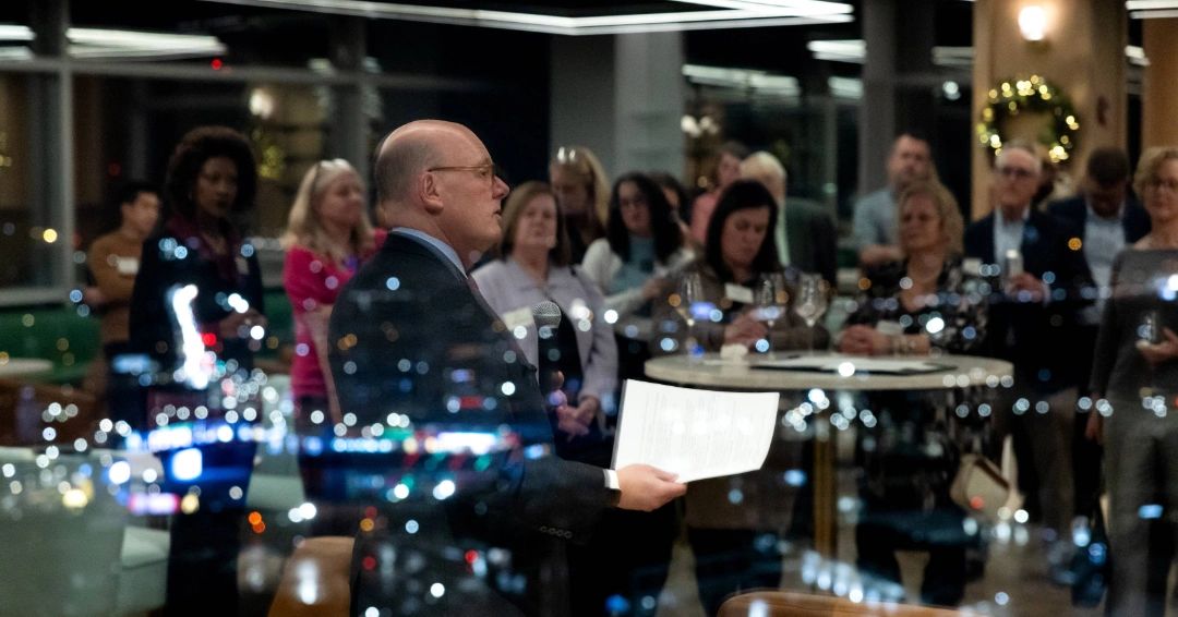 Pete Dunn gives his original "2025 reflections" speech at the GWCF's winter social (photo courtesy)