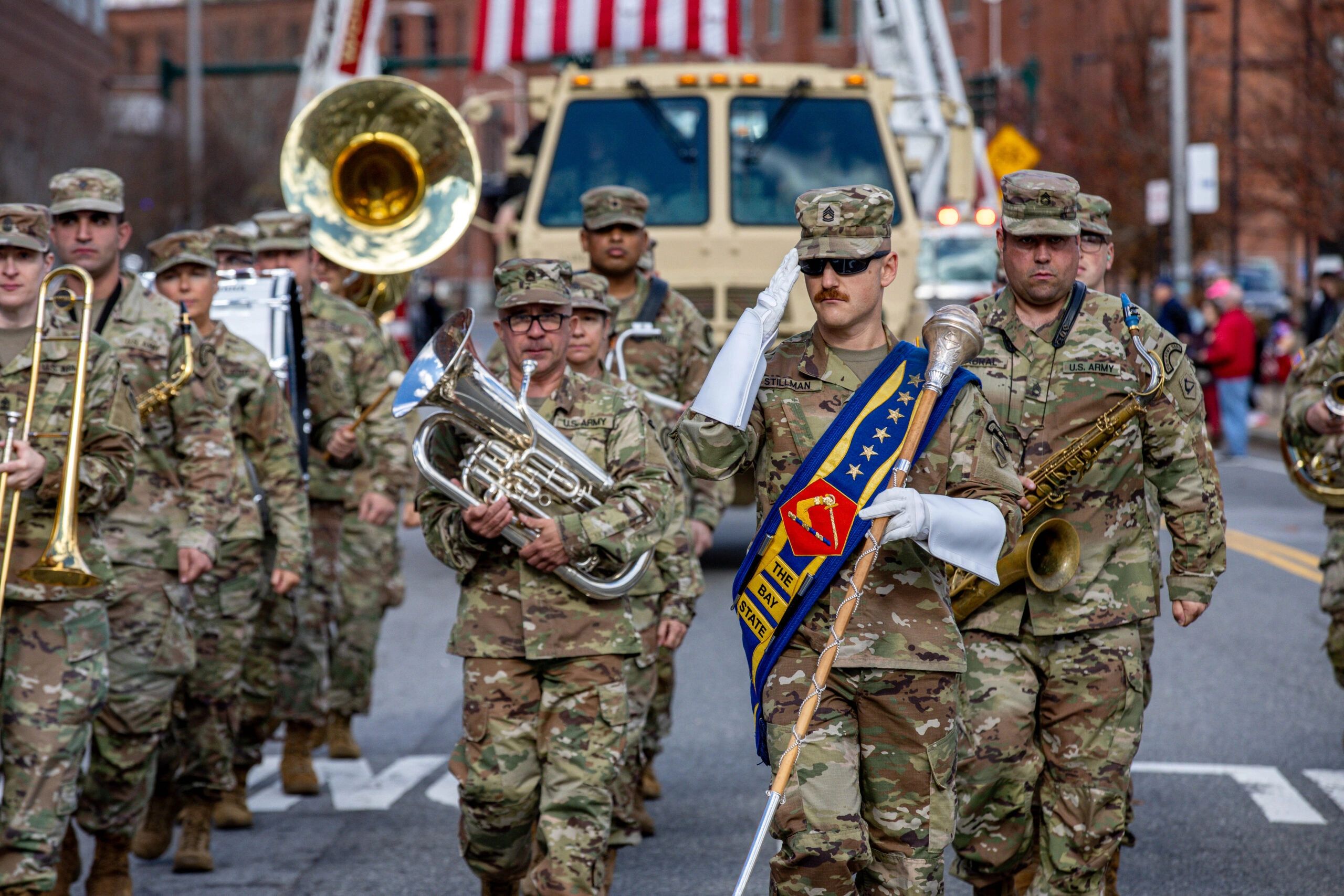 Soldiers march (and play music) at the 2024 Veterans Day Parade in Worcester (photo credit: Veterans Inc)