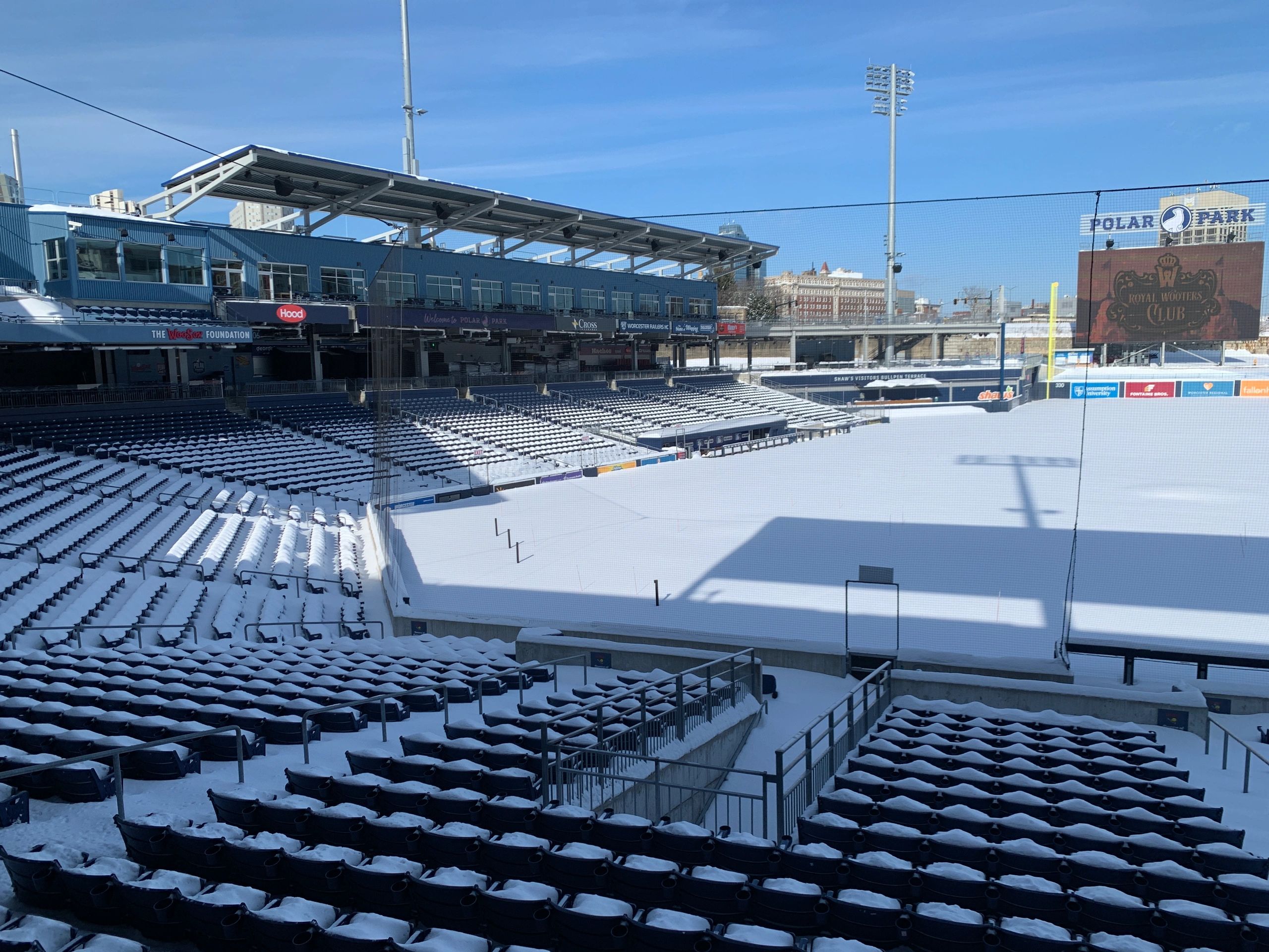 Polar Park sits blanketed in snow Wednesday as the WooSox announced upgrades ahead of the 2026 season (photo by Bill Ballou)
