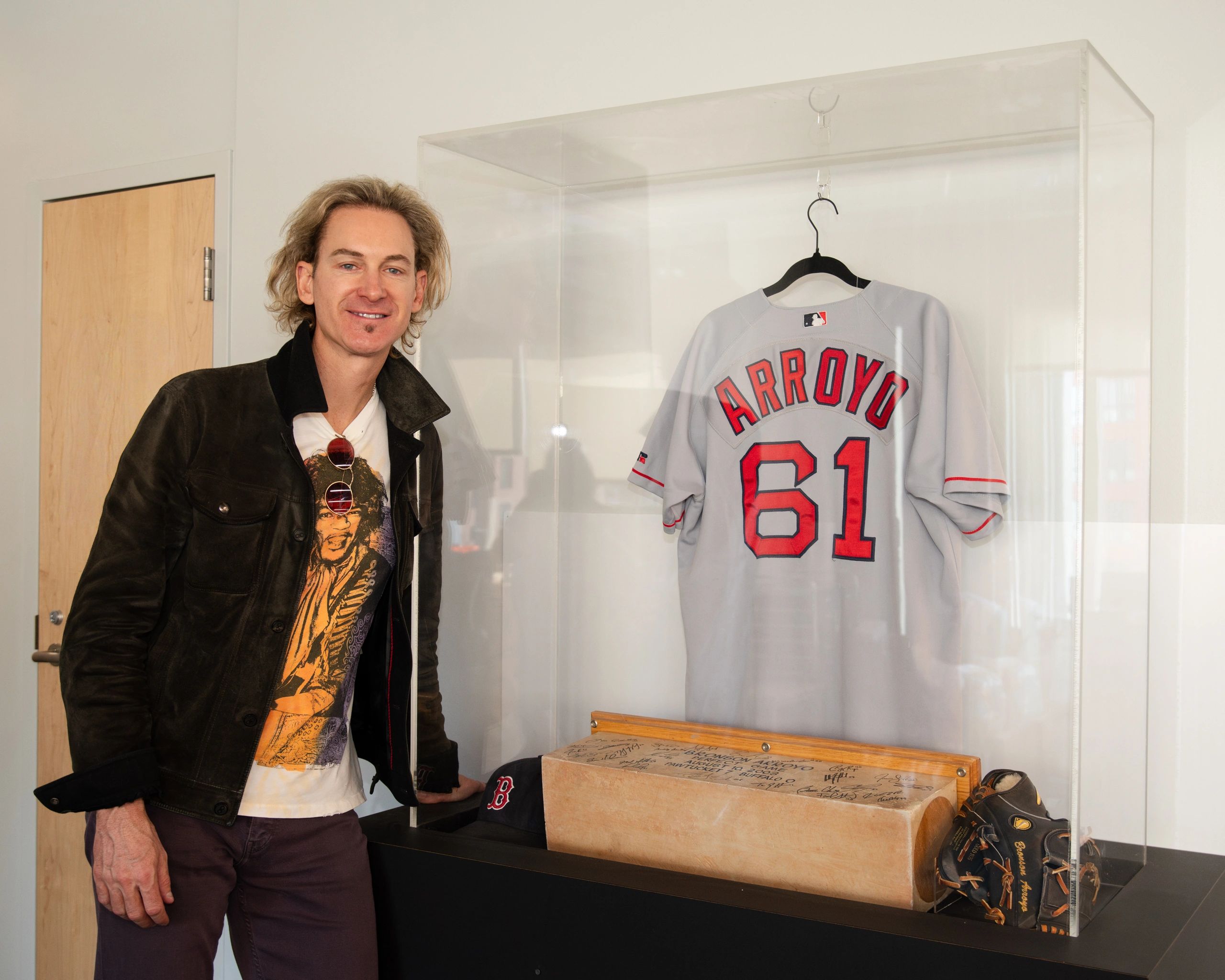 Bronson Arroyo with the Polar Park display of his perfect game artifacts (photo credit: Ashley Green of the WooSox)